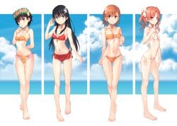 2020 2020s 4girls barefoot bikini black_hair blue_sky breasts brown_eyes brown_hair cloud commentary_request full_body green_eyes head_wreath long_hair looking_at_viewer misaka_mikoto multiple_girls orange_bikini raika9 red_bikini saten_ruiko shirai_kuroko short_ponytail side-tie_bikini sky small_breasts swimsuit teenage_girl teenager to_aru_kagaku_no_railgun to_aru_majutsu_no_index twintails uiharu_kazari very_short_hair white_bikini young