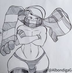 1boy albondiga_g almost_naked arms_crossed brawl_stars bulge edgar_(brawl_stars) femboy male_focus male_only scarf solo_male supercell traditional_media_(artwork)