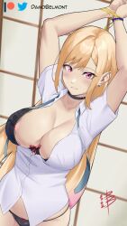 1girls 2022 areola_slip arms_above_head arms_tied arms_tied_above_head arms_up artist_name big_breasts black_bra black_panties black_underwear blonde_hair blush bondage bra breasts cleavage damodar female female_focus female_only kitagawa_marin looking_at_viewer nipple_slip open_shirt panties purple_eyes shirt solo solo_female sono_bisque_doll_wa_koi_wo_suru underwear