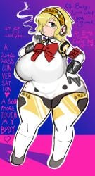 aegis_(persona) aigis_(persona) areolae atlus big_breasts blonde_hair blue_eyes breast_expansion breasts cleavage desgardes female female_only femsub happy_trance headband headphones high_heels huge_breasts persona persona_(series) persona_3 robot smoking thick_thighs thighs voluptuous wide_hips