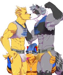 absurd_res anthro blush bodily_fluids brandon_(rxccoon) bulge cervid cervine clothing crop_top dirty_underwear dj_strap dog_tags dragon fangs flexing_bicep fur grey_body grey_fur group hi_res horn jockstrap jockstrap_on_face kissing making_out male male/male mammal midriff mindmechanica muntjac orange_body orange_scales procyonid raccoon scales shirt steyr sweat text text_on_clothing text_on_topwear topwear trio underwear yellow_body yellow_fur