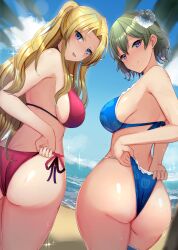 2girls adjusting_clothes adjusting_swimsuit alfin_reise_arnor armpit_crease ass bangs bare_shoulders beach bikini bikini_bottom bikini_pull bikini_top blonde_hair blue_bikini blue_eyes blue_swimsuit breasts chiyo_(pk19981234) chiyo_(s1101530) closed_mouth clothes_pull clothing cloud day duo eiyuu_densetsu eyebrows eyebrows_visible_through_hair eyelashes falcom female flower flower_on_head from_behind green_hair hair_between_eyes hair_flower hair_ornament hajimari_no_kiseki halterneck hand_in_panties heart high_resolution huge_ass large_breasts long_hair looking_at_viewer looking_back medium_hair multiple_girls musse_egret ocean open_mouth outdoors palm_tree pantsu purple_eyes red_bikini red_swimsuit sen_no_kiseki shiny shiny_hair shiny_skin short_hair side-tie_bikini sideboob sky smile smug sparkle sweat swimsuit swimsuit_pull thigh_strap thighs thong tree underwear wedgie wet