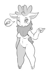 anthro antlers breasts featureless_breasts female fingers genitals gesture hi_res hooved_fingers hooves horn itsunknownanon monochrome navel neck_tuft no_nipples nude one_eye_closed pointing pussy simple_background solo standing them's_fightin'_herds tuft velvet_reindeer_(tfh) white_background wink