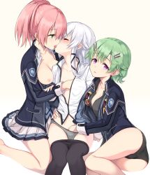 3girls all_on_one altina_orion ass black_panties black_underwear blush breast_grab breasts cleavage closed_eyes clothing eiyuu_densetsu eyebrows_visible_through_hair facing_another female female_only finger_fuck fingering french_kiss girl_sandwich grabbing green_eyes green_hair grey_panties groping hakuleg hand_in_panties jacket juna_crawford kissing long_hair looking_at_another looking_at_viewer multiple_girls musse_egret mutual_yuri nipples open_clothes open_jacket open_shirt pantsu pantyhose pantyhose_pull pink_hair ponytail purple_eyes sandwiched school_uniform sen_no_kiseki sen_no_kiseki_iii sex shirt short_hair simple_background skirt skirt_removed tied_hair trails_of_cold_steel two_on_one underwear uniform white_background white_hair yuri