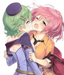 2girls blue_eyes blush breasts drool drooling eiyuu_densetsu female green_eyes green_hair hair_ornament hairclip hakuleg juna_crawford multiple_girls musse_egret nipples pink_hair sen_no_kiseki short_hair simple_background tongue yuri