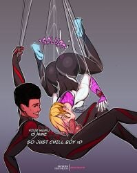 1boy 1girls asymmetrical_hair blonde_hair dark-skinned_male dark_skin english_text fellatio female gwen_stacy interracial male marvel mikki-nsfw miles_morales spider-gwen spider-man_(series) text