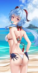 ahoge ass ass_grab back bangs bare_shoulders beach bell bikini black_gloves blue_hair blurry blurry_background bow bowtie breasts chinese_knot colored_tips cowboy_shot deep_skin female flower_knot from_behind ganyu_(genshin_impact) genshin_impact gloves goat_horns hair_between_eyes hands_on_own_ass highres horns long_hair looking_at_viewer looking_back low_ponytail matrix16 medium_breasts multicolored_hair neck_bell outdoors popsicle purple_eyes red_rope rope shiny shiny_hair shiny_skin sideboob sidelocks smile solo swimsuit thighs water wedgie white_bikini