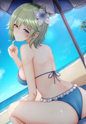 ass back backboob bare_legs beach beach_towel beach_umbrella bikini blue_bikini blue_sky blue_swimsuit blush breasts chiyo_(pk19981234) chiyo_(s1101530) closed_mouth clothing cloud cloudy_sky day dutch_angle eiyuu_densetsu eyebrows_visible_through_hair falcom female female_only female_solo finger_to_own_chin flower frilled_bikini frilled_swimsuit frills from_behind green_hair hair_between_eyes hair_flower hair_ornament high_resolution legs looking_at_viewer medium_breasts musse_egret ocean official_alternate_costume outdoors purple_eyes sen_no_kiseki short_hair sitting sky smile solo swimsuit tareme thighs towel umbrella