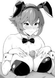 1boy animal_ears bangs bare_shoulders blush breast_squeeze breasts censored cleavage collarbone detached_collar fake_animal_ears female hairband kantai_collection large_breasts leotard mosaic_censoring mutsu_(kantai_collection) paizuri penis playboy_bunny rabbit_ears short_hair smile soba_(saz) solo_focus straight wrist_cuffs