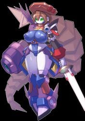 1girls alternate_breast_size android armor beret big_breasts buster cameltoe female green_eyes hat iris_(mega_man) light_saber mega_man mega_man_x nipple_bulge nipples nipples_visible_through_clothing robot robot_girl solo sword t-t/u2 t-t_u2 t_t_u2 tagme