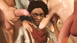 2girls 3boys 3d ambiguous_consent balls bioshock bioshock_infinite blowbang brown_eyes brown_hair clothed_female_nude_male daisy_fitzroy dark-skinned_female dark_hair dark_skin elizabeth_comstock erection female gangrape interracial large_penis leeterr light-skinned_female light-skinned_male light_skin male masturbation penis_on_face penis_out tagme