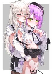 2girls absurdres animal_ears bangs black_headwear black_legwear black_shorts black_skirt blouse blush breast_grab breasts cardigan clothes_lift collared_shirt covered_nipples demon_girl demon_tail ear_piercing earrings eyelashes eyeliner fake_horns female female_only fingering frills garter green_eyes grey_cardigan grey_eyes grey_hair hair_between_eyes hair_ornament hairclip hi_res high-waist_skirt holoforce hololive hololive_gen_5 hololive_japan horned_headwear horns hug legwear_under_shorts licking licking_ear lifted_by_another lingerie lion_ears lion_girl long_hair long_sleeves looking_at_viewer makeup medium_breasts multiple_girls nipple_tweak nipples nipples_visible_through_clothing no_panties open_cardigan open_clothes open_mouth pantyhose piercing purple_hair pussy pussy_juice saliva shirt shishiro_botan short_hair short_shorts shorts sidelocks skirt skirt_lift sleeveless sleeveless_shirt standing stockings strap_slip suspender_skirt suspenders tail tears thigh_strap tokoyami_towa very_long_hair virtual_youtuber white_shirt x_hair_ornament yuri yuukauta