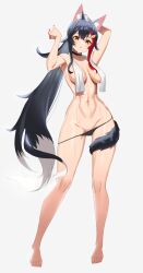 absurdres animal_ear_fluff animal_ears arms_up barefoot black_hair black_panties brown_eyes colored_tips commentary feet female full_body grey_background hair_ornament hair_tie highres hololive hololive_gamers hololive_japan long_hair looking_at_viewer multicolored_hair navel ookami_mio panties panty_pull partially_undressed red_hair solo standing streaked_hair tail tail_around_leg towel towel_around_neck tying_hair underwear very_long_hair virtual_youtuber wangjook_(wj) wet white_hair wolf_ears wolf_tail