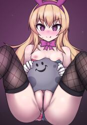 alternate_costume animal_ears bare_shoulders black_legwear blonde_hair bow bowtie breasts bunny_ears clownpiece fake_animal_ears female fishnet_legwear fishnets gloves headband highres leotard leotard_pull licking_lips light_smile long_hair looking_at_viewer nipples nuclear_cake purple_background purple_bow purple_bowtie purple_eyes purple_headband pussy rabbit_ears simple_background sitting small_breasts solo spread_legs star_(symbol) star_print striped thighhighs tongue tongue_out touhou tray very_long_hair wedgie white_gloves