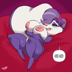 anthro anthro_only bed big_breasts breasts dialogue female female_only fifi_la_fume hair_over_one_eye huge_breasts joaoppereiraus legs_together lying lying_on_back nipples no_humans nude nude_female open_mouth purple_hair skunk solo text thick_thighs tiny_toon_adventures warner_brothers