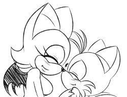 anthro bat blush cute eyes_closed female fox hyoumaru male male/female monochrome nose_bump older_female rouge_the_bat smile smiling sonic_(series) sonic_the_hedgehog_(series) tails wings younger_male