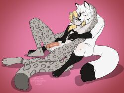 2022 4_toes 5_fingers anthro black_nose canid canine closed_eyes digital_media_(artwork) duo feet felid fingers fox fur hair kittydee leopard male mammal nude pantherine simple_background smile spots spotted_body spotted_fur toes white_body white_fur white_hair