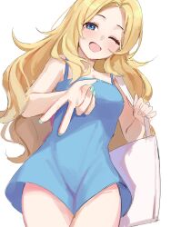 1girls :d blonde_hair blue_apron blue_dress blue_eyes female female_only grunel haley_(stardew_valley) light-skinned_female looking_at_viewer smile smiling smiling_at_viewer solo solo_female stardew_valley thick_thighs wink winking_at_viewer