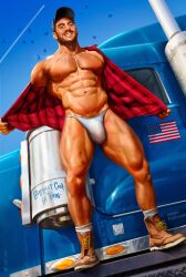 1boy big_bulge bulge caucasian caucasian_male huge_bulge male male_only mr._big_(qai_san) muscles muscular muscular_male open_shirt plaid qai_san see-through see-through_underwear smiling solo solo_male thick_thighs trucker twitter_user_oc underwear writing