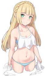 1girls bikini blonde_hair blue_eyes cleavage collarbone female holding_clothing human human_only light-skinned_female light_skin lillie_(pokemon) looking_at_viewer navel nintendo pokemon pokemon_sm shiseki_hirame simple_background small_breasts smile solo sweat swimsuit tagme white_background white_panties