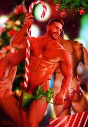 ass bow candy_cane caucasian caucasian_male christmas hairy male male_only muscles muscular muscular_male penis_peek qai_san underwear unnamed_character