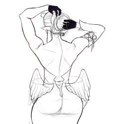 arms_behind_head arms_up ass back back_view bare_back dress facing_away fraankyy from_behind gloves hololive hololive_english hololive_myth large_ass long_ears muscular muscular_female ninomae_ina'nis sketch tight_clothing tight_dress tight_fit unfinished virtual_youtuber wide_hips wings wip