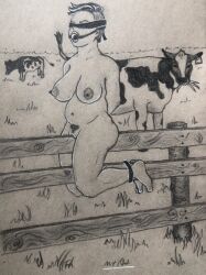 ball_gag blindfold bondage chubby chubby_female drawing exhibitionism large_breasts nature_background pasture pubic_hair public_exposure public_humiliation wooden_fence wooden_horse