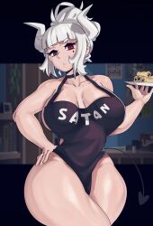 1girls absurd_res apron apron_only big_breasts black_apron breasts curvaceous curvy demon demon_girl demon_horns demon_tail female female_only hair hand_on_hip helltaker hi_res highres hips holding_plate luci-a lucifer_(helltaker) mole mole_under_eye naked_apron plate red_eyes solo solo_female thick_thighs thighs white_hair wide_hips