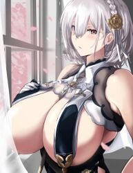 1girls 2022 azur_lane barely_clothed barely_contained breast_curtains breasts cafekun cleavage female female_only huge_breasts red_eyes revealing_clothes short_hair sirius_(azur_lane) white_hair