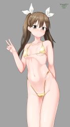 absurdres arm_behind_back bikini brown_eyes brown_hair dated female flat_chest gold_bikini grey_background hair_between_eyes hair_ribbon highleg highleg_bikini highleg_swimsuit highres kantai_collection long_hair looking_at_viewer maru_(marg0613) ribbon simple_background solo swimsuit tone_(kantai_collection) twintails twitter_username v