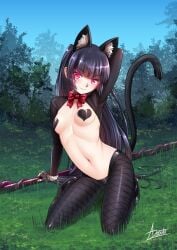 1girls 2021 adsouto arm_behind_head bangs black_hair black_heart_pasties black_pasties blunt_bangs cat_ears cat_tail female female_only fishnet_pantyhose gate_-_jieitai_ka_no_chi_nite_kaku_tatakaeri glowing_eyes heart_pasties hi_res kneeling long_hair looking_at_viewer neck_ribbon nipple_pasties outdoors pantyhose pasties red_eyes reverse_bunnysuit rory_mercury small_breasts smiling smiling_at_viewer solo solo_female tail