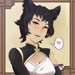 black_hair cat_ears cleavage ear_piercing eunnie eyeshadow faunus kali_belladonna milf rwby yellow_eyes