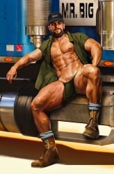 1boy beard bulge hat looking_at_viewer male male_only mr._big_(qai_san) muscles muscular muscular_male open_shirt partially_clothed penis_outline qai_san solo spread_legs thong trucker twitter_user_oc