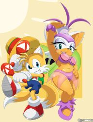 1boy 1girls anthro bat blue_eyes breasts clothed clothing duo female fox fur furry furry_only hyoumaru male maracas older_female purple_lipstick rouge_the_bat samba_de_amigo shoes smile sombrero sonic_(series) sonic_the_hedgehog_(series) tail tails wings younger_male