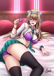 1girls 2021 adsouto alicia_arcturus ass black_thighhighs blonde_hair blush cameltoe condom female female_only headwear hi_res holding_condom kuroinu_~kedakaki_seijo_wa_hakudaku_ni_somaru~ long_hair looking_at_viewer lying lying_on_side on_bed on_side open_mouth purple_eyes school_uniform solo solo_female thighhighs voluptuous