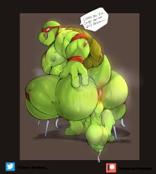 absurd_res anthro anus balls big_balls big_penis bodily_fluids choco_bunbun genital_fluids genitals hi_res male musk penis precum presenting raphael_(tmnt) reptile scalie solo spreading sweat teenage_mutant_ninja_turtles turtle