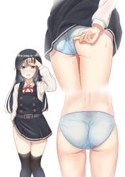 adjusting_clothes adjusting_panties asashio_(kantai_collection) ass belt belt_buckle black_belt black_dress black_hair black_legwear blue_eyes blue_panties blush buckle clothes_lift collared_shirt dress dress_lift female hair_between_eyes highres kantai_collection long_hair long_sleeves multiple_views open_mouth panties pinafore_dress shirt simple_background thighhighs underwear white_background white_shirt zuki