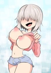 1girls areolae big_breasts blush exposed_breasts eyes_covered female female_focus female_only hair_between_eyes joshin light-skinned_female light_skin no_bra shirt shirt_lift shorts silver_hair skinny thin thin_female uzaki-chan_wa_asobitai! uzaki_yanagi voluptuous