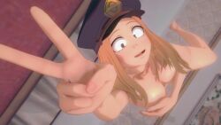 3d barefoot camie_utsushimi covering_breasts effineffer hat my_hero_academia nude peace_sign selfie shiketsu_high_school_cap