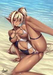 1girls 2020 :p adsouto amber_eyes beach bent_leg blonde_hair blush cameltoe cloe_(kuroinu) dark-skinned_female dark_elf dark_skin elf elf_ears female female_only hi_res kuroinu_~kedakaki_seijo_wa_hakudaku_ni_somaru~ leg_up long_hair looking_at_viewer on_ground pointy_ears ponytail revealing_clothes sand seaside skimpy_clothes smiling smiling_at_viewer solo solo_female swimsuit thick_thighs