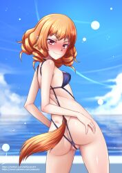 1girls adsouto ass back_view curly_hair female female_only halfling halfling_female heavy_blush hi_res kuroinu_~kedakaki_seijo_wa_hakudaku_ni_somaru~ long_hair looking_at_viewer looking_back nipple_bulge orange_hair pointy_ears red_eyes ruu_ruu seaside sky sling_bikini small_breasts smiling smiling_at_viewer solo solo_female tail