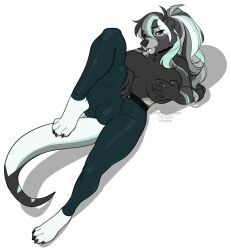 2022 4_toes 5_fingers alpha_channel anthro black_nose breasts clothed clothing digital_media_(artwork) eyebrows eyelashes feet female fingers grey_hair hair hi_res kittydee looking_at_viewer lutrine mammal mustelid simple_background smile solo toes transparent_background