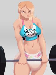 1girls bambino_classico big_breasts blonde_hair breasts character_request cleavage copyright_request diaper female milkriot sweat tagme weightlifting