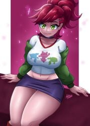 absurd_res ax3lbravo axlhearts big_breasts big_eyes eyebrow_piercing foster's_home_for_imaginary_friends frankie_foster green_eyes large_breasts piercing red_hair sitting skirt thick_thighs white_skin