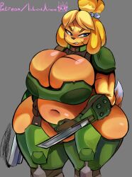 1girls 2022 angry animal_crossing anthro armor bethesda_softworks big_breasts blade breasts bursting_breasts canine cleavage cosplay doom doom_slayer_(cosplay) doom_slayer_(doom) double-barreled_shotgun female female_only firearm frown gun huge_breasts isabelle_(animal_crossing) isolatedartest looking_at_viewer nintendo shotgun slightly_chubby solo thick_thighs weapon wide_hips