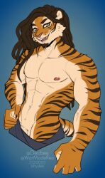 2022 5_fingers anthro black_stripes brown_hair clothed clothing digital_media_(artwork) felid fingers fur hair hi_res kittydee looking_at_viewer male mammal open_mouth orange_body orange_fur pantherine striped_body striped_fur stripes tan_eyes teeth tiger tongue