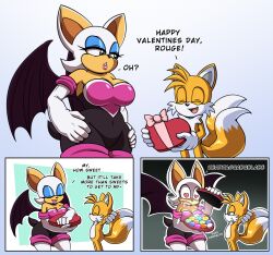 1boy 1girls anthro arms_behind_head bat blue_eyes blue_eyeshadow comic drooling exposed_torso eyeshadow female footwear fox gift_box handwear heart-shaped_box heart-shaped_pupils heart_eyes humanoid hyoumaru imminent_sex male older_female rouge_the_bat sonic_(series) sonic_the_hedgehog_(series) tails wings younger_male