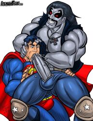 2boys blowjob clark_kent dc dc_comics facial_hair gay grey_skin icemanblue lobo_(dc) male male_focus male_only muscular superman tagme