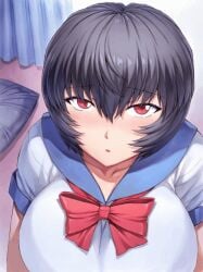 animated black_hair blowjob blush clothing cum cum_in_mouth cum_on_face handjob large_breasts mogudan neon_genesis_evangelion oral_sex pubic_hair red_eyes rei_ayanami tongue_out