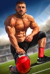 1boy athlete caucasian caucasian_male football_player football_uniform male male_only muscles muscular muscular_male outdoors outside qai_san shirtless_male solo sports stadium unnamed_character